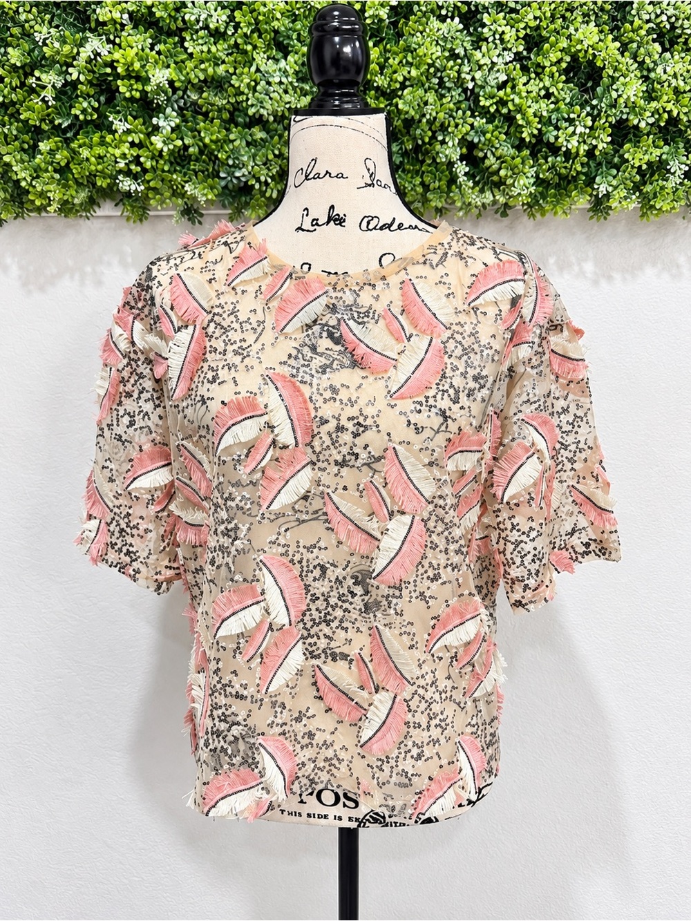 Zara Women’s Cream Pink 3D Floral Fringe Blouse Top Size S NWT